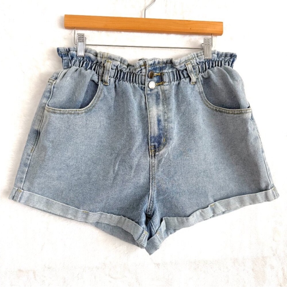 Plaid and Plain High Waist 90s Cuffed Jean Shorts Womens L Light Blue